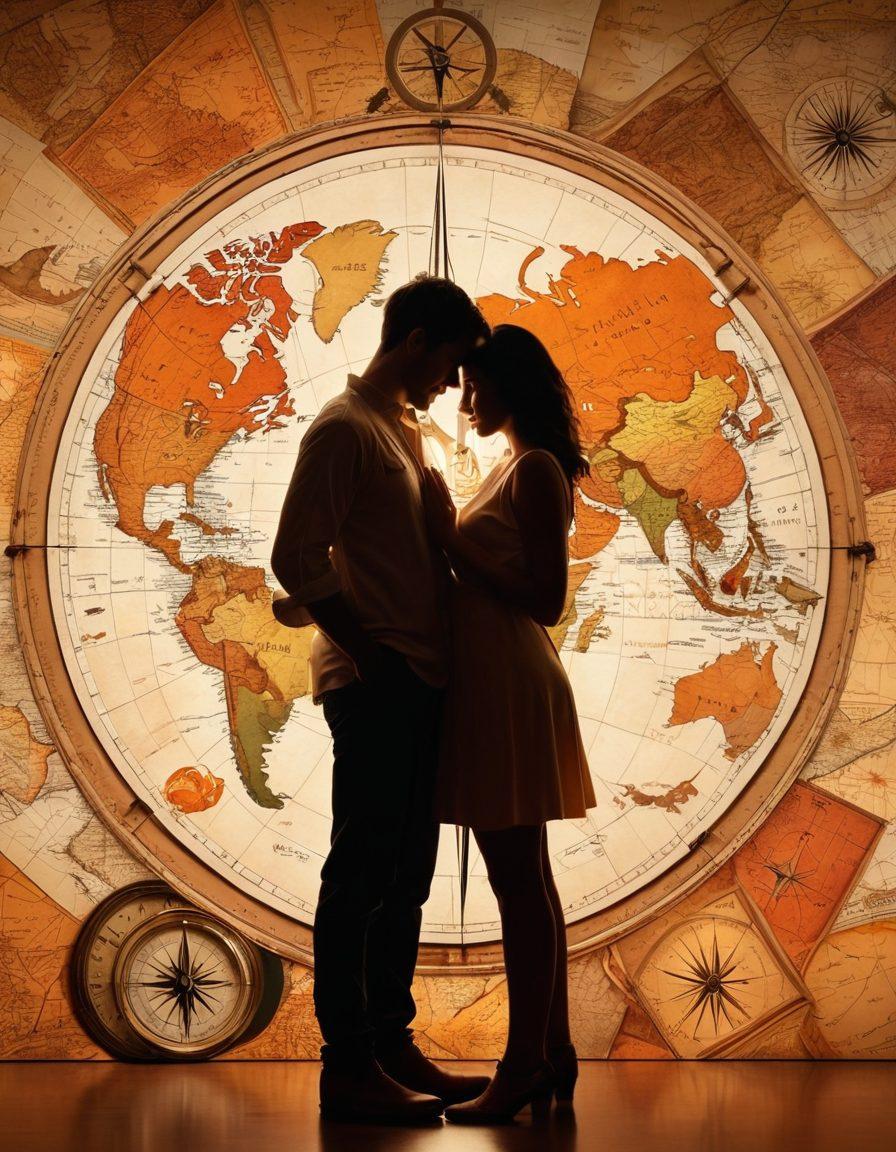 A captivating collage featuring diverse adult content scenes that celebrate authenticity and connection. Include silhouettes of diverse couples in intimate moments, surrounded by symbols of exploration like maps and compasses. Enhance the atmosphere with warm lighting and soft, inviting colors to evoke emotions of realism and intimacy. super-realistic. warm tones. soft lighting.