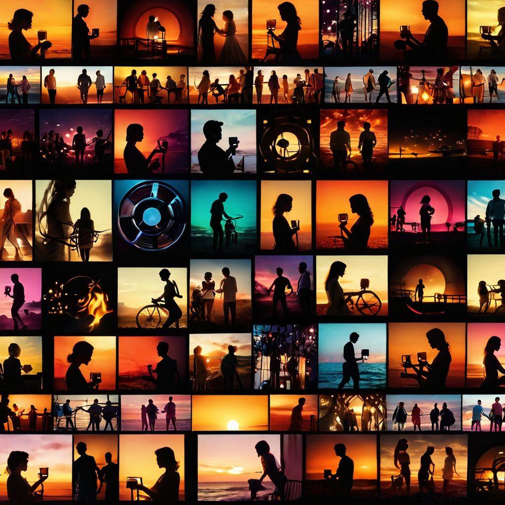 A visually captivating collage blending elements of various adult content genres, featuring a lustrous film reel intertwined with vibrant sensual silhouettes. Incorporate soft lighting that creates an alluring atmosphere and emphasize the diversity of adult content with subtle hints of X-rated films and tasteful sensual videos. Integrate rich, warm colors to evoke intimacy and connection while ensuring a balanced and respectful representation. digital art. vibrant colors. soft focus.