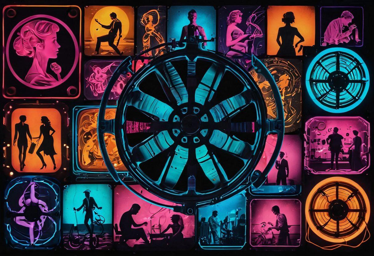 A visually stimulating collage featuring a stylized vintage film reel intertwined with abstract symbols of adult content, surrounded by vibrant neon lights and textures suggesting depth and exploration. In the background, silhouettes of diverse figures engaging with screens, representing a multitude of perspectives on mature visuals. A subtle hint of eroticism blended with artistic expression, all while maintaining a sophisticated aesthetic. vibrant colors. surrealism. abstract.